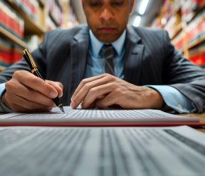 advogado-escrevendo-arquivo-de-caso-na-secretaria-com-livros-de-direito-desfocados